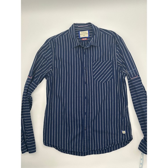 Scotch & Soda Mens Navy Blue White Striped Long Sleeve Button Down Shirt Regular - Picture 3 of 10